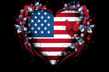 Symbolic Patriotic heart with USA flag on black background. National American love loyalty flag sign. Generate ai