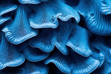 Vibrantly-hued Blue mushroom closeup background. Water glow. Generate Ai - obrazy, fototapety, plakaty