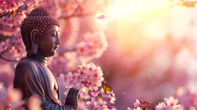 Scene of a Buddha statue with flowers in the background, animated virtual repeating seamless 4k