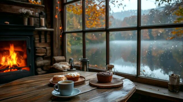 Food and drinks in a room with fireplace at winter. Seamless looping time-lapse 4k video animation background