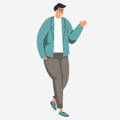 vector illustration of a male character dressed fashionably with his right hand in his pocket and his left hand raised upwards