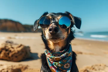 Foto op Plexiglas Funny dog with sunglasses and a bright neckerchief on the background of the sea coast. Summer vacation at sea © Olga