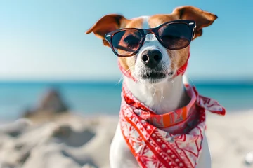 Foto op Canvas Funny dog with sunglasses and a bright neckerchief on the background of the sea coast. Summer vacation at sea © Olga