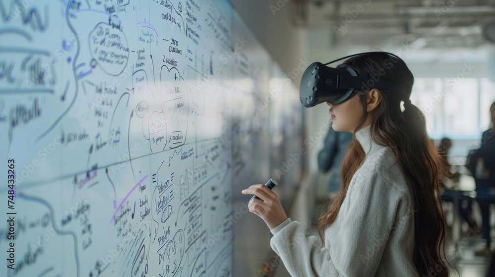 Poster a shot of a student in a vr lab standing in front of a virtual whiteboard and using digital markers 