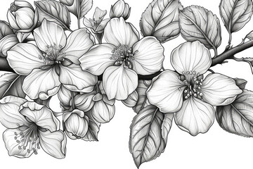Apple flowers. Frame. Background illustration. Hand drawing outline. Flowering of garden plants