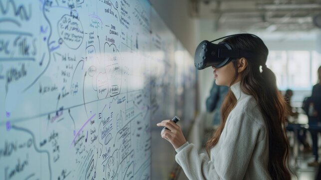 A shot of a student in a VR lab standing in front of a virtual whiteboard and using digital markers to write out equations and diagrams. This showcases the potential for collaboration