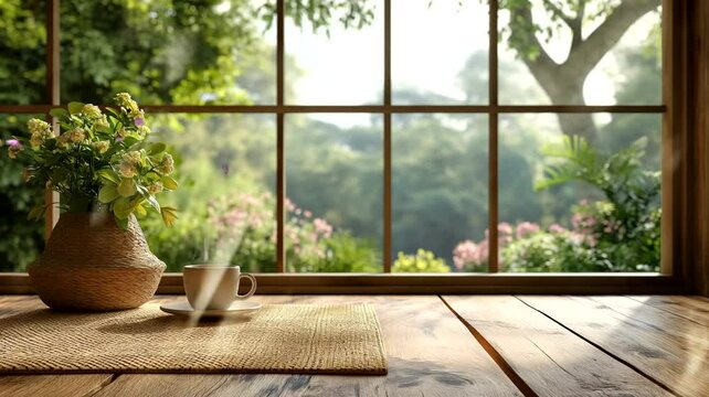 Coffee cup in a room with window and flowers. Seamless looping time-lapse 4k video animation background