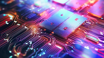 Foto op Aluminium Futuristic microchip processor with lights on bokeh background, big data connection technology concept with digital chip components © Fajar