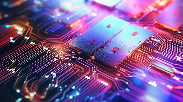 Futuristic microchip processor with lights on bokeh background, big data connection technology concept with digital chip components