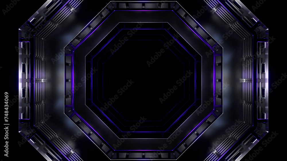 Aufkleber flight in neon lights cyber data hexagonal tunnel. design. dark mysterious corridor.