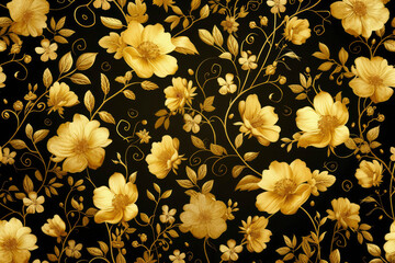 Golden floral pattern on black. Gold vintage floral pattern