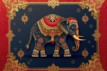 Wedding Invitation card templates with gold Elephant patterned and crystals on paper color Background