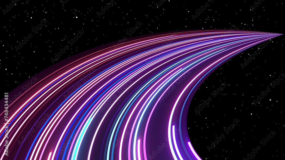 Wall mural curve neon lines with glowing speed trails. appear, slide up and fade way center. traveling through 
