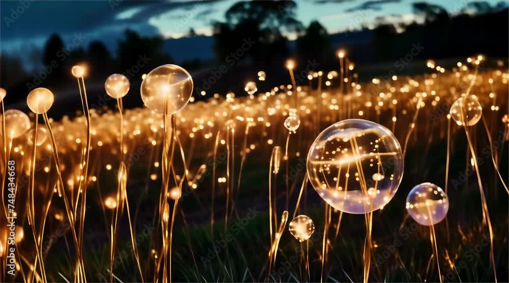 Poster a mystical scene of numerous glowing orbs scattered across a field, creating a mesmerizing effect ag