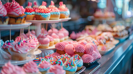 In addition to savory options there are also sweet delights to be found like freshly spun cotton candy and decadent pastries topped with colorful frosting and sprinkles. The - obrazy, fototapety, plakaty