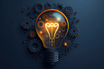 light bulb with gears and cogs working together - obrazy, fototapety, plakaty