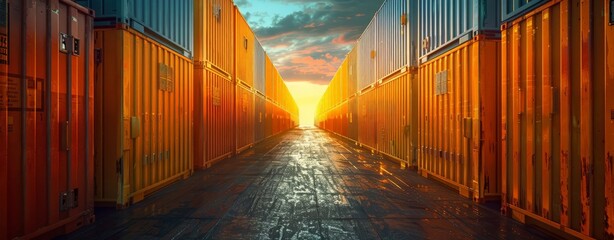 The sun is setting behind a long row of shipping containers, casting long shadows on the industrial landscape.