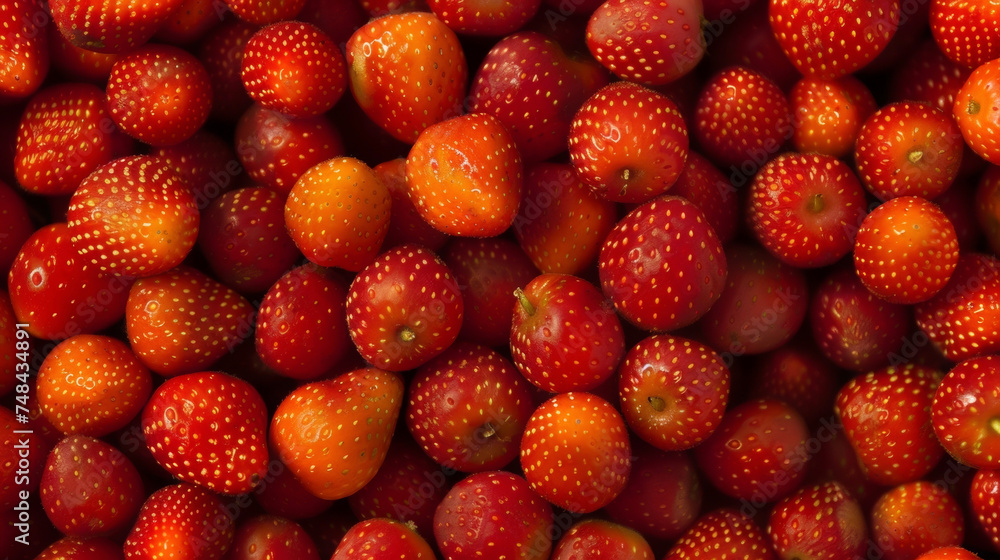 Poster a of small round strawberries each one a vibrant shade of red and dotted with tiny seeds.