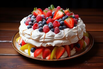 Sweet Pavlova cake berries kitchen. Cream fruit. Generate Ai