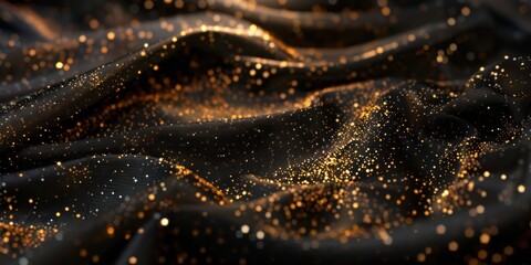 Abstract black silk sheet gold glitter weave of cotton or linen satin fabric lies texture background.