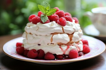 Sweet Pavlova cake raspberries. Fresh food. Generate Ai