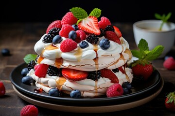 Sweet Pavlova dessert. Fruit food cream. Generate Ai