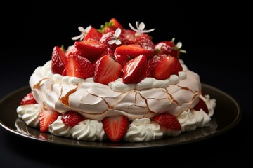 Decadent Pavlova strawberry plate. Dessert cream. Generate Ai