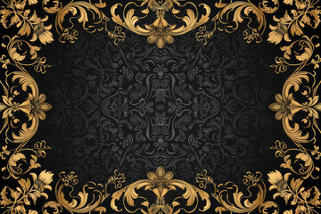 Black and gold vintage background with decorative border and old-fashioned