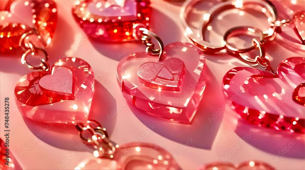 Poster an array of sparkling red heart-shaped keychains beautifully arranged on a soft pink background with