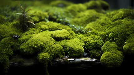 Beautiful bright green moss growing on rough stones
