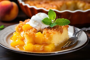 Sweet Peach cobbler. Summer sweet dessert. Generate Ai