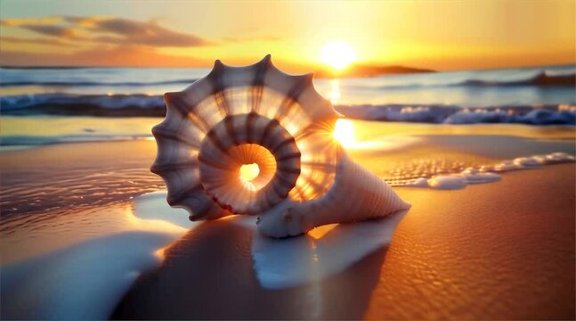 A solitary seashell on the shore basks in the warm golden light of a setting sun, with gentle waves in the background.
