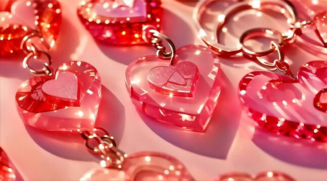 An array of sparkling red heart-shaped keychains beautifully arranged on a soft pink background with light reflections.
