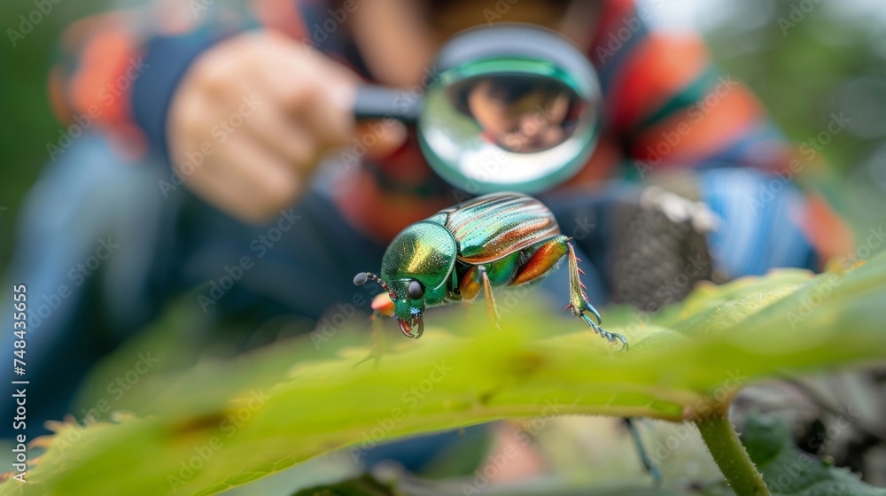 Aufkleber a student kneels down to examine a colorful beetle crawling on a leaf. with a magnifying glass in ha