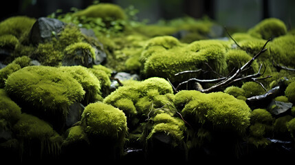 Naklejka na ściany i meble Beautiful bright green moss growing on rough stones