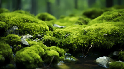 Beautiful bright green moss growing on rough stones