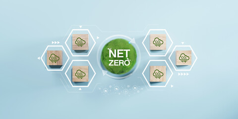 2050 year, Net zero and carbon neutral concept. CO2 reducing icon print screen on wooden and world...