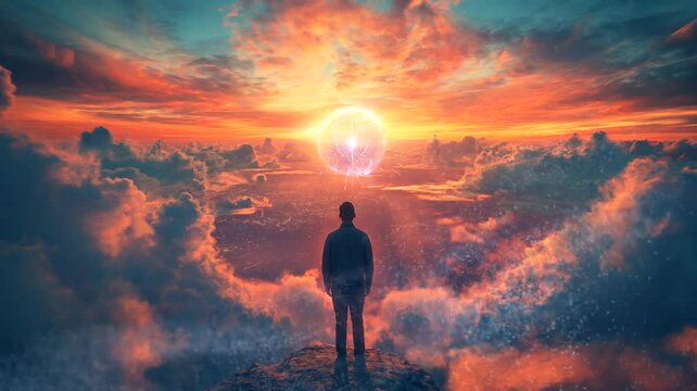 Silhouette of person standing on cliff looking at sun energy ball. Seamless looping time-lapse 4k video animation background