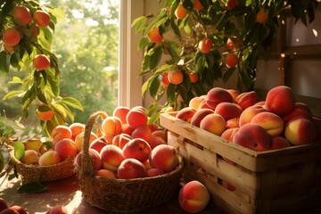 Juicy Peaches bunch fruit harvest. Food agriculture. Generate Ai