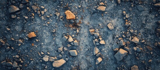 This aerial view showcases a rugged terrain made up of rocks and gravel, forming a textured surface on the ground. The composition highlights the earthy tones and rough texture of the landscape.