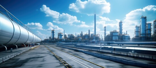 Oil refinery with blue sky and white clouds, panoramic view