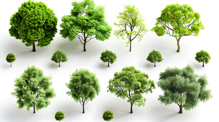 set of green trees isolated, tree in spring