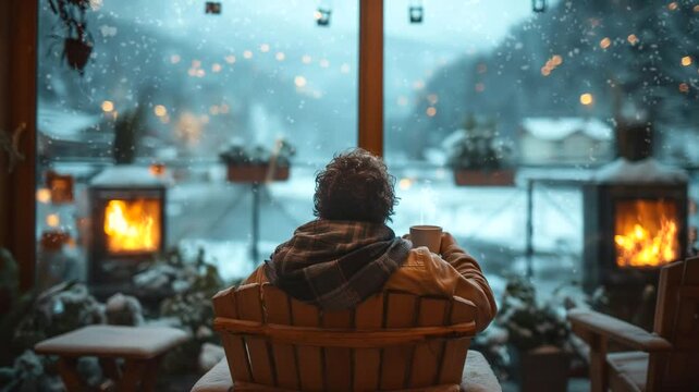 Person drinks coffee in cafe at winter. Seamless looping time-lapse 4k video animation background