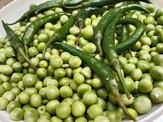Grains or seed of Pisum sativum with Lycopersicon esculentum or Capsicum annuum L Green chilli or pea grains or seeds with Green chilli or garden pea seeds or grains with Green chilli