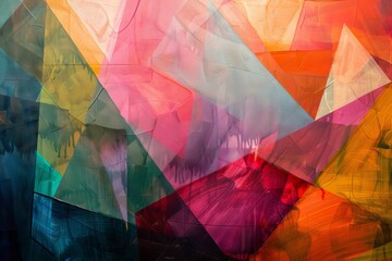 Captivating abstract backdrop with a blend of geometric triangles and a spectrum of pink to orange hues, perfect for creative projects.

