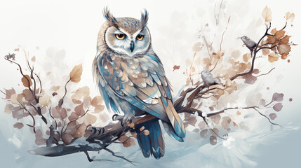 Winter owl in painted style - obrazy, fototapety, plakaty