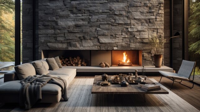 Beautiful modern living room interior with stone wall and fireplace in luxury home.