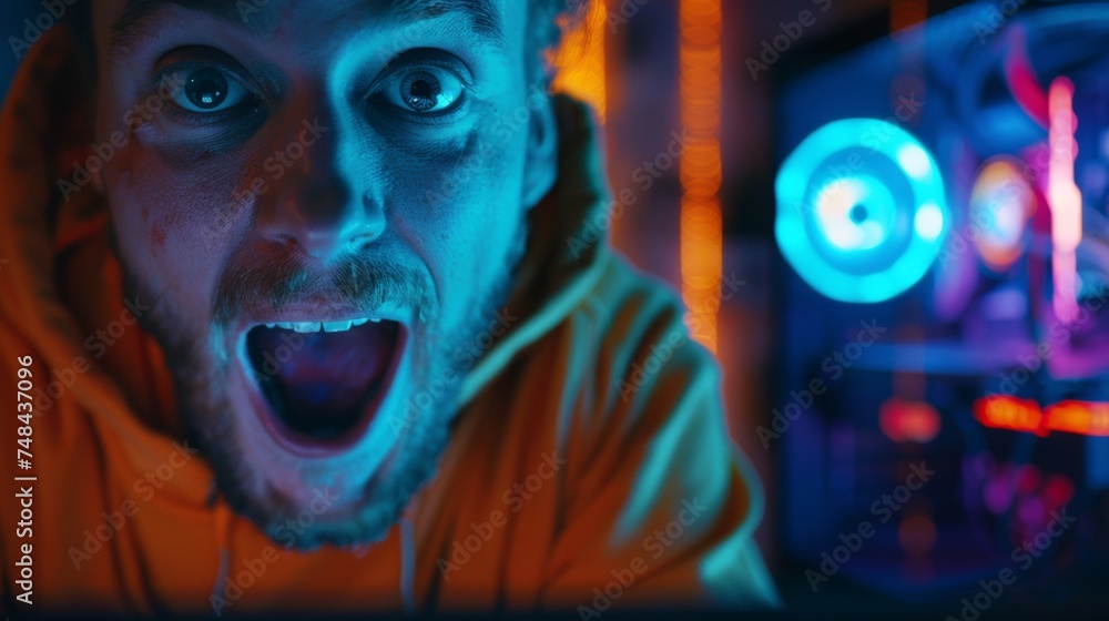 Poster a closeup of a gamers face illuminated by the glow of their computer screen as they react to a thril