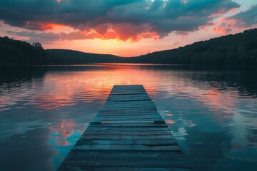 Serene lakeside at dusk with a wooden pier leading into calm waters under a vibrant sunset sky.  