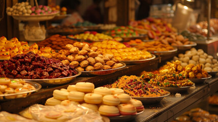 Obraz premium The aroma of traditional Indian sweets such as laddoos and jalebis fills the air tempting taste buds.